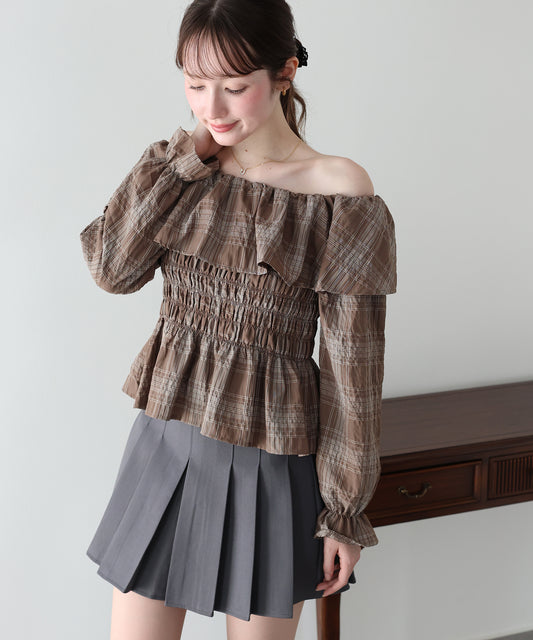 【早割5％OFF】《2サイズ展開》チェックオフショルダーブラウス【メール便】
