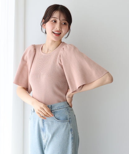 【新商品限定5％OFF（月）】フレアスリーブ半袖リブニット