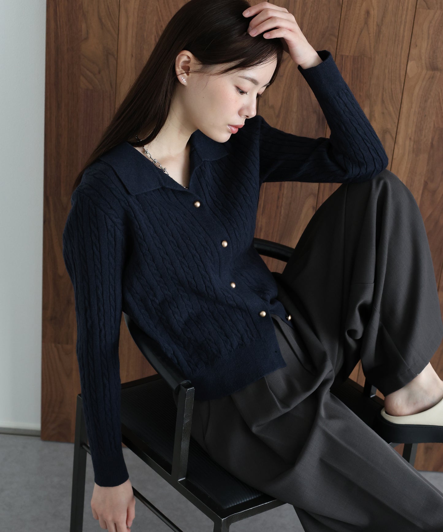 ゴールドボタンケーブルニットカーディガン[ J by blue ]