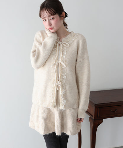 【早割5％OFF】レースリボンカーディガン＆ニットミニスカート セットアップ