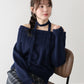 【早割5％OFF】リボンタイ付きオフショルダーニット