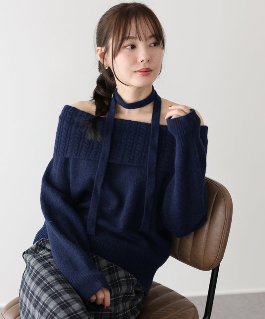 【早割5％OFF】リボンタイ付きオフショルダーニット