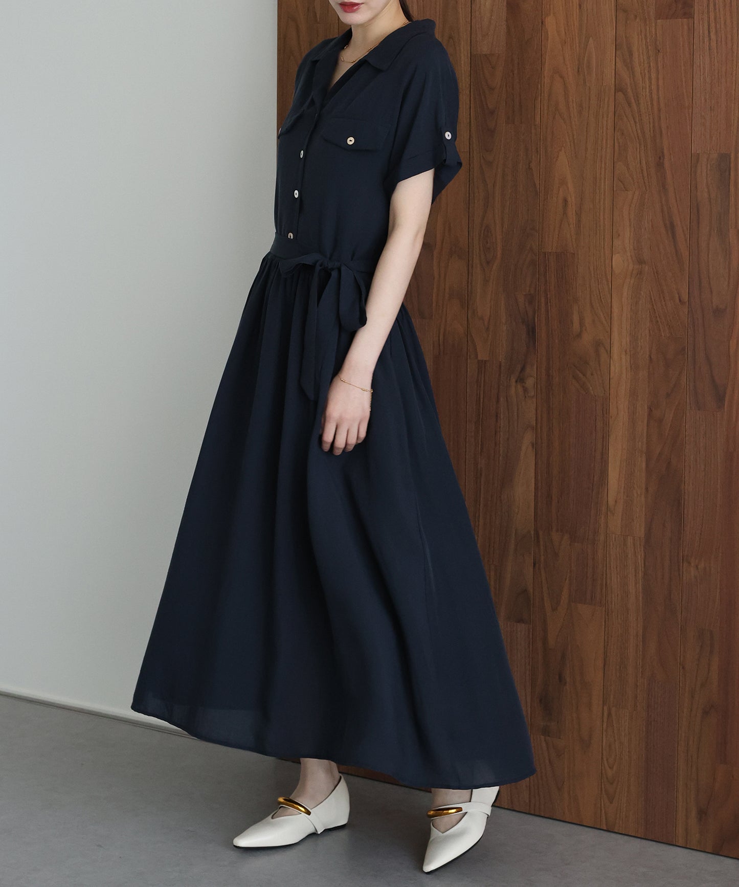 【早割5％OFF】スキッパーネックシャツワンピース