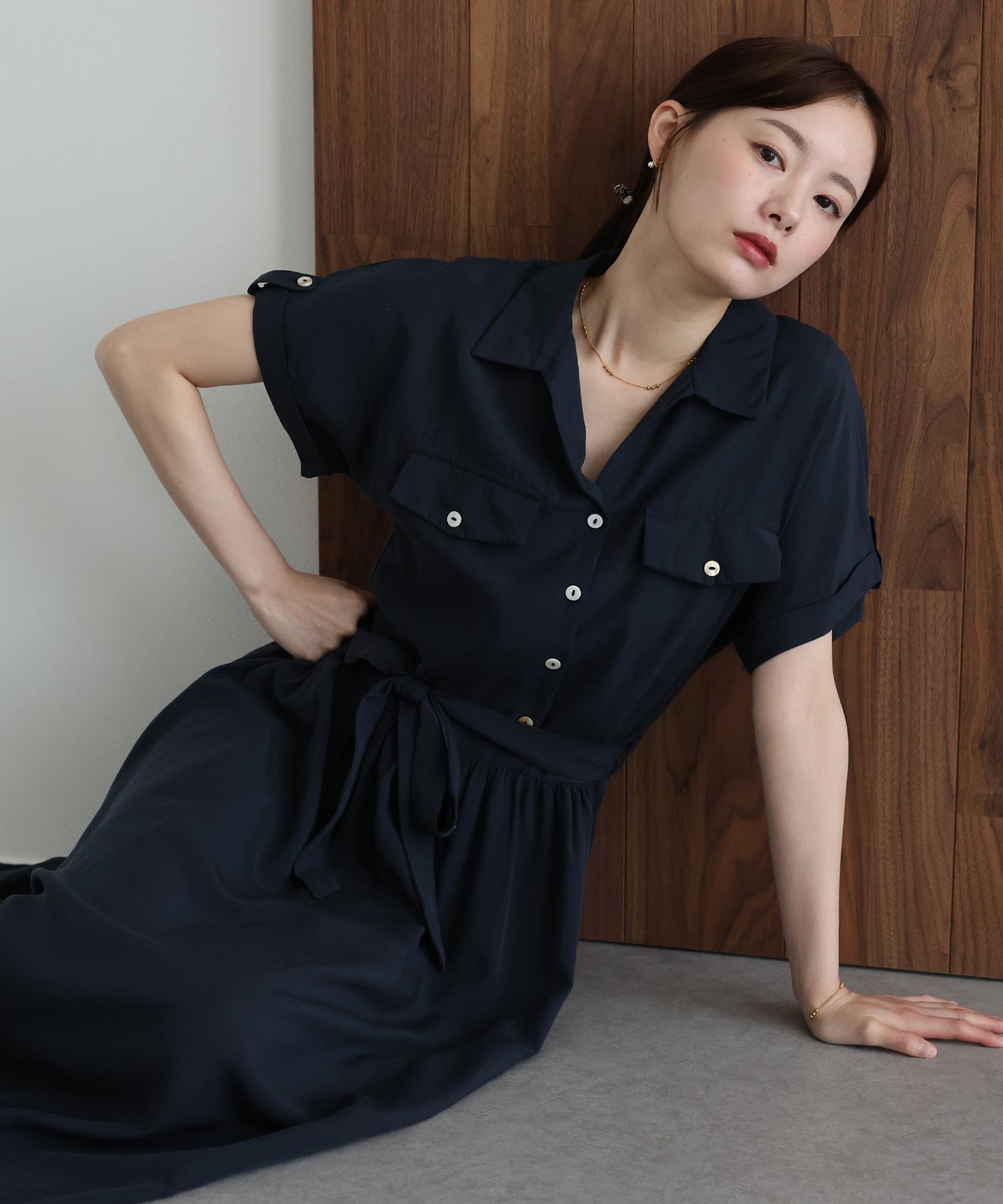 【早割5％OFF】スキッパーネックシャツワンピース