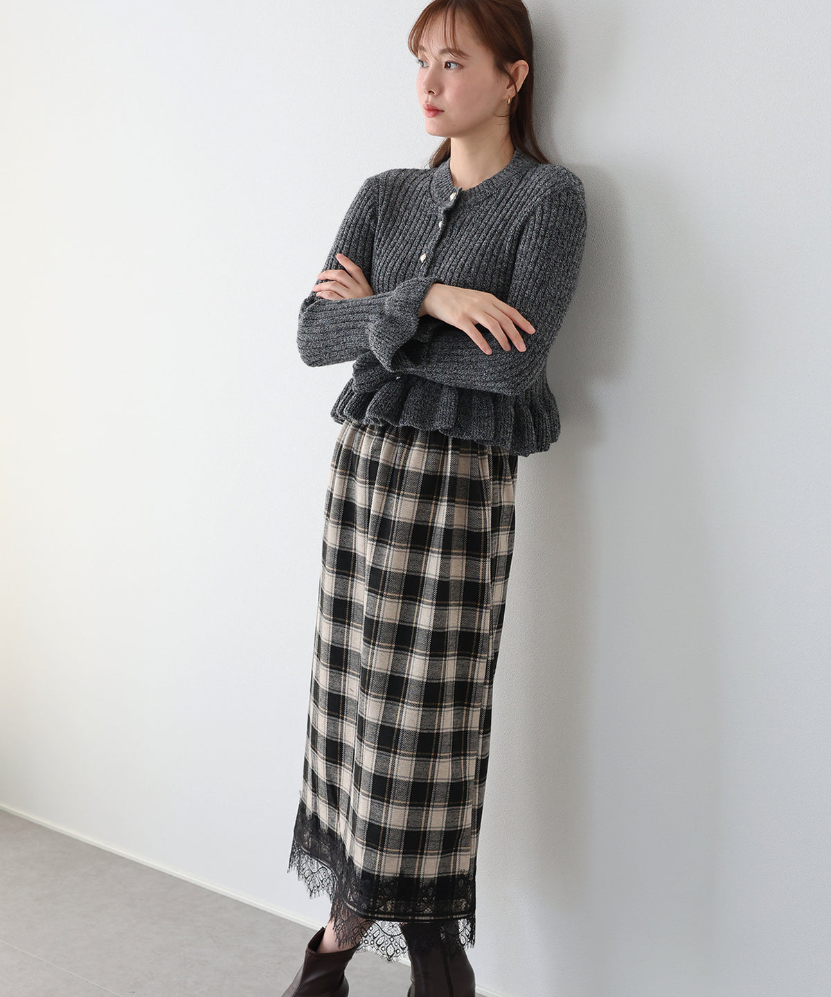 【早割5％OFF】レースヘムチェックタイトスカート