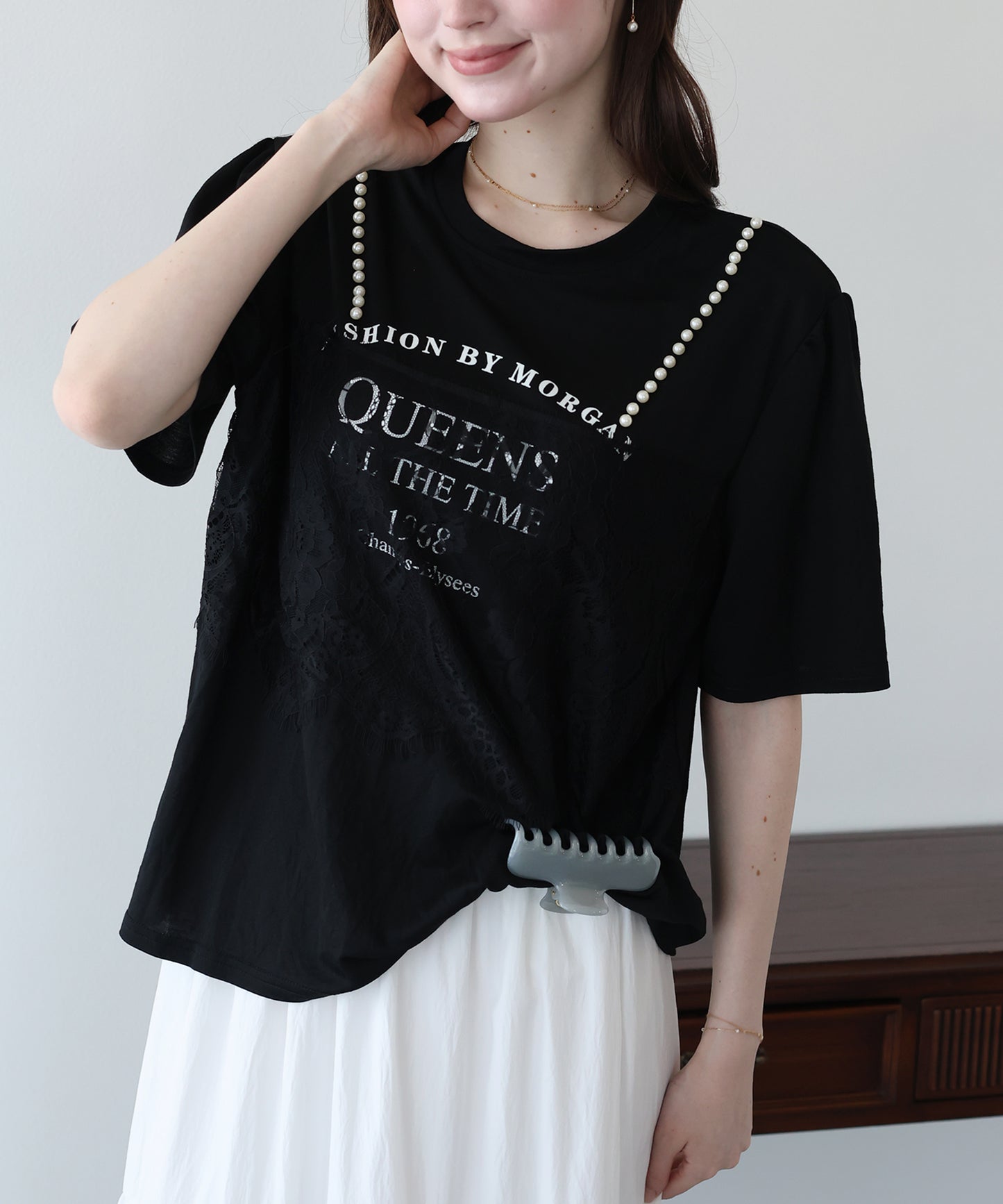 パール付きレースドッキングロゴTシャツ【メール便】