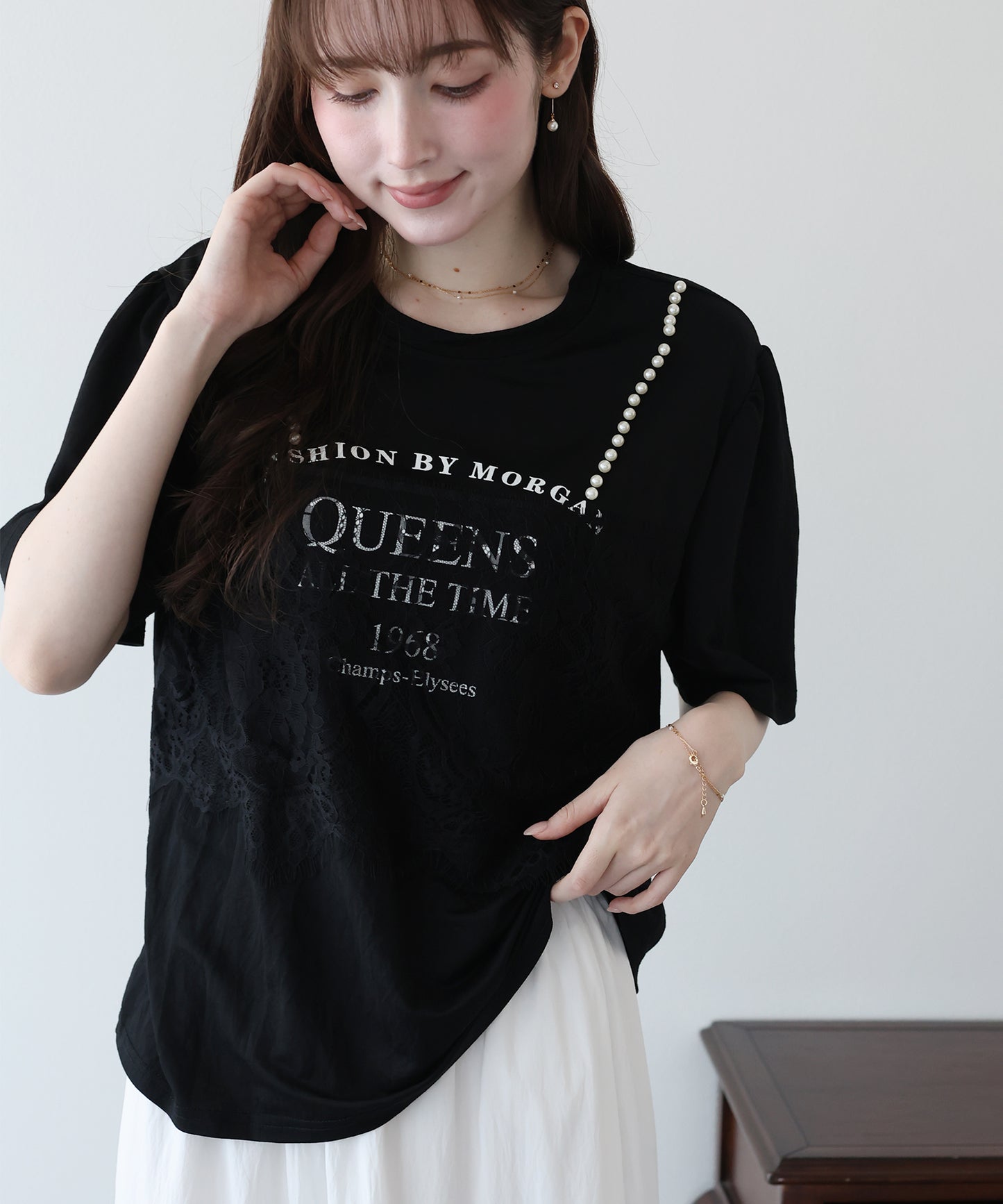 パール付きレースドッキングロゴTシャツ【メール便】