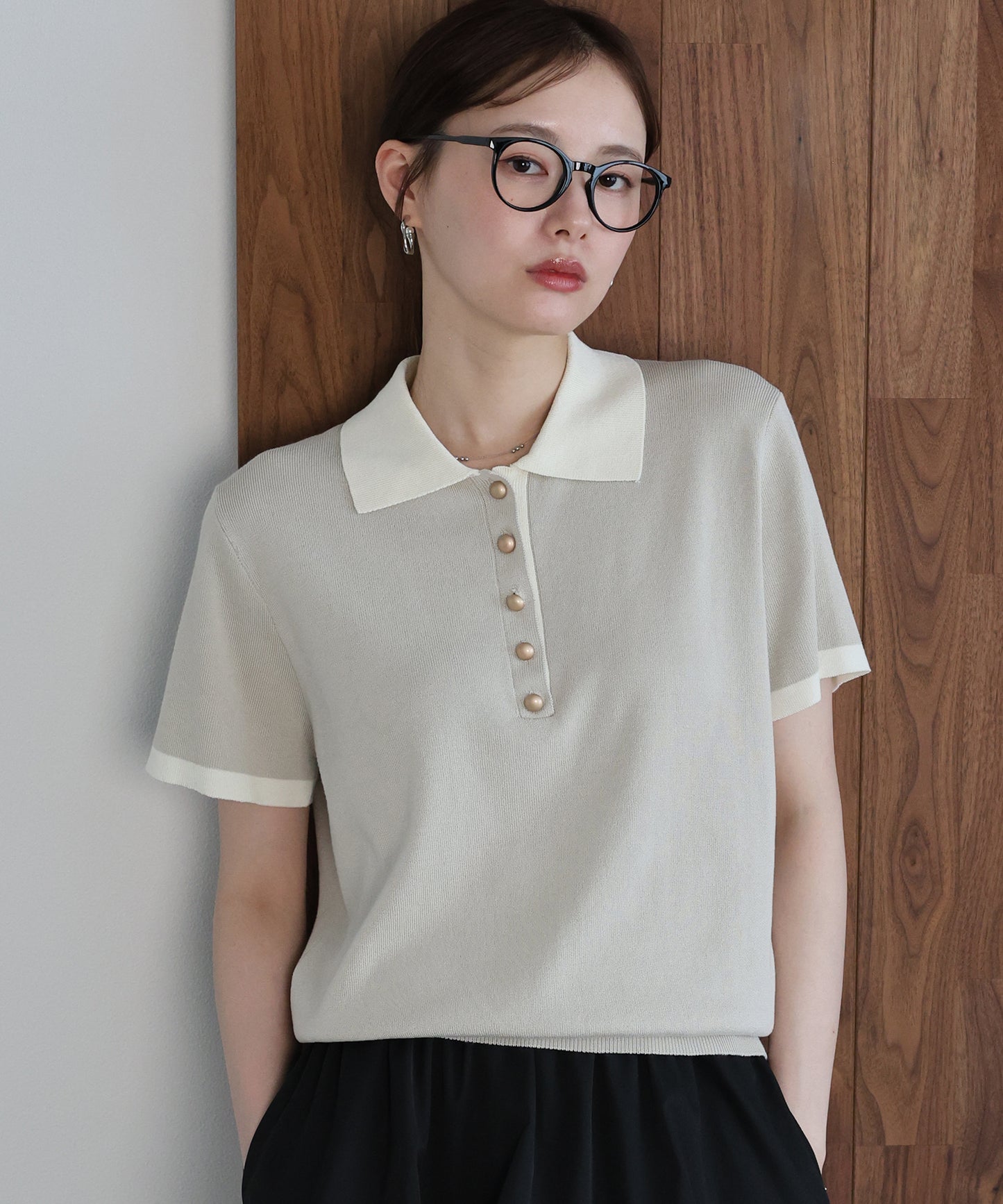 【早割5％OFF】ゴールドボタン配色ポロネックニット【メール便】
