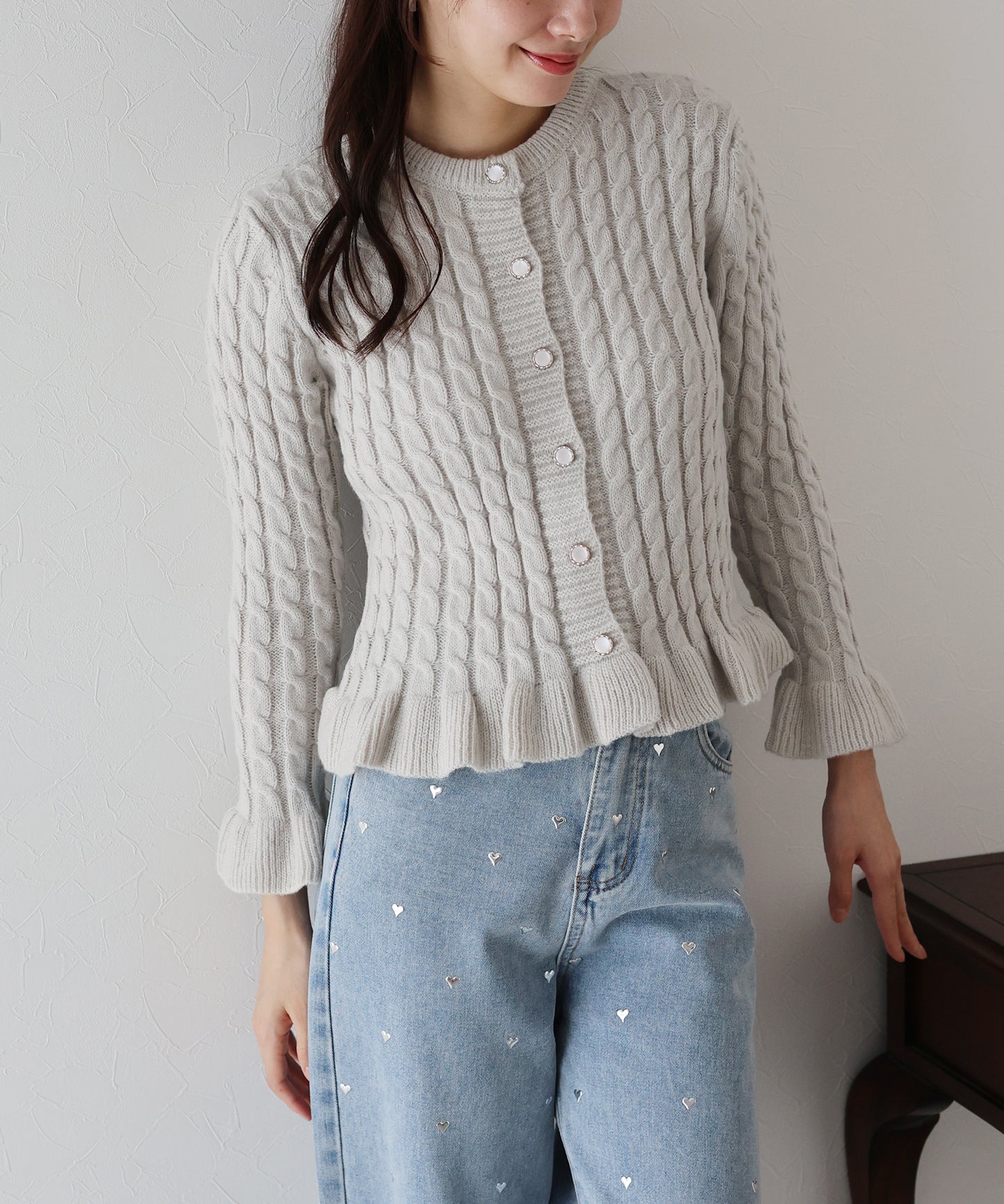 【早割5％OFF】ケーブルペプラムカーディガン