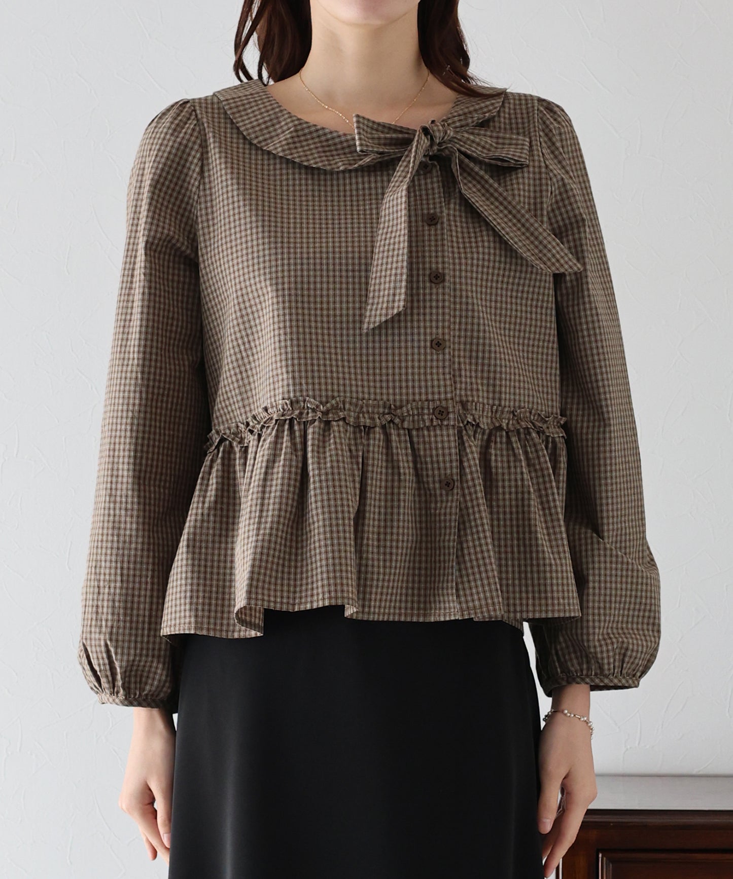 【TIME SALE】チェックリボンペプラムブラウス【ネコポス】
