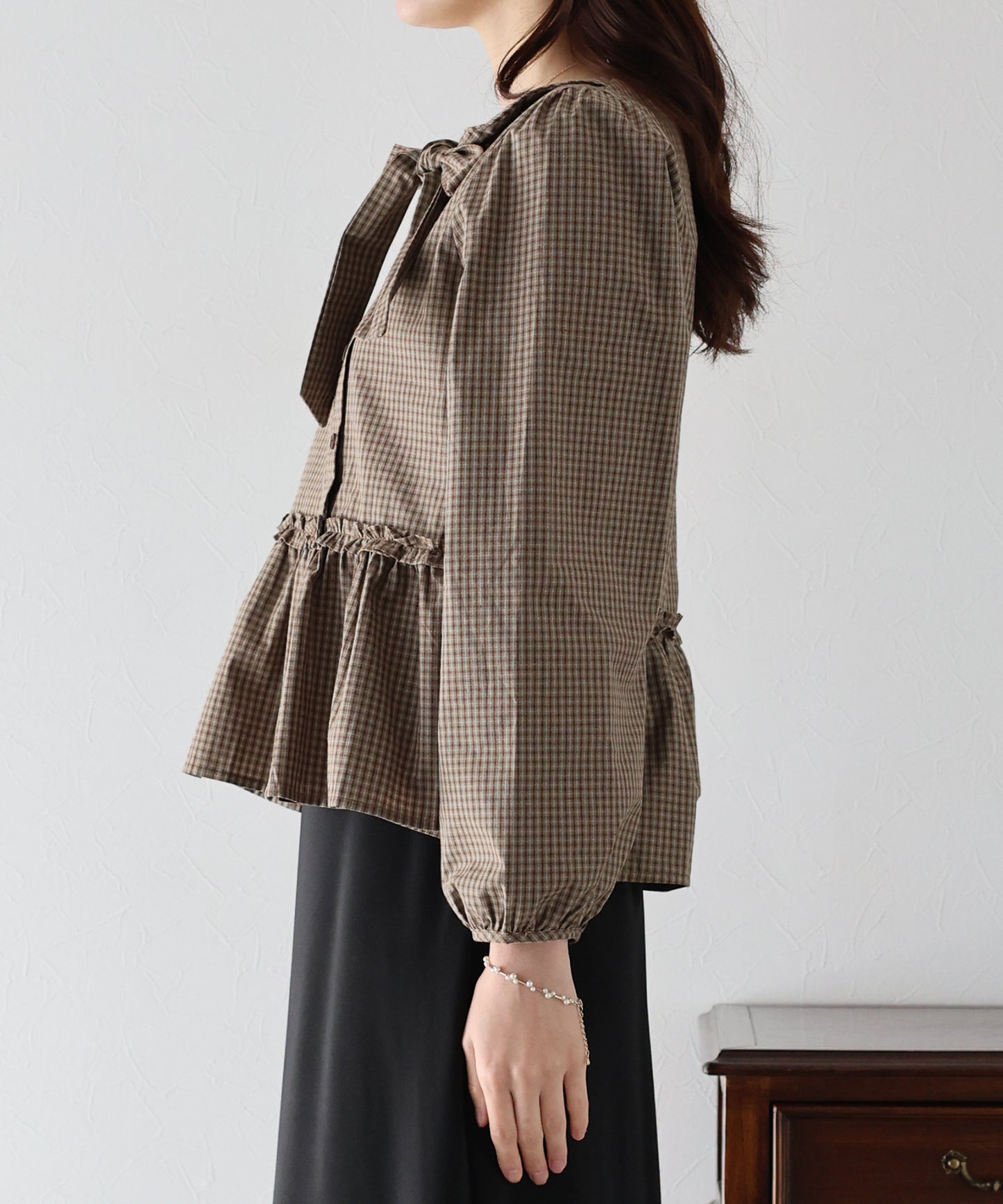 【TIME SALE】チェックリボンペプラムブラウス【ネコポス】