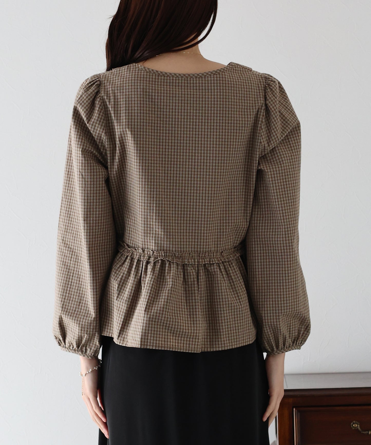 【TIME SALE】チェックリボンペプラムブラウス【ネコポス】