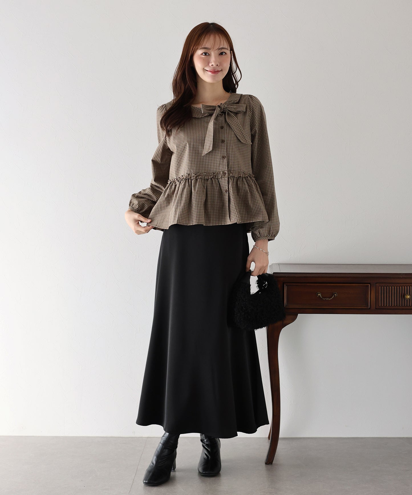 【TIME SALE】チェックリボンペプラムブラウス【ネコポス】