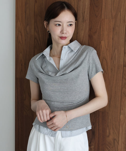 【早割5％OFF】シャツレイヤードドレープトップス【メール便】