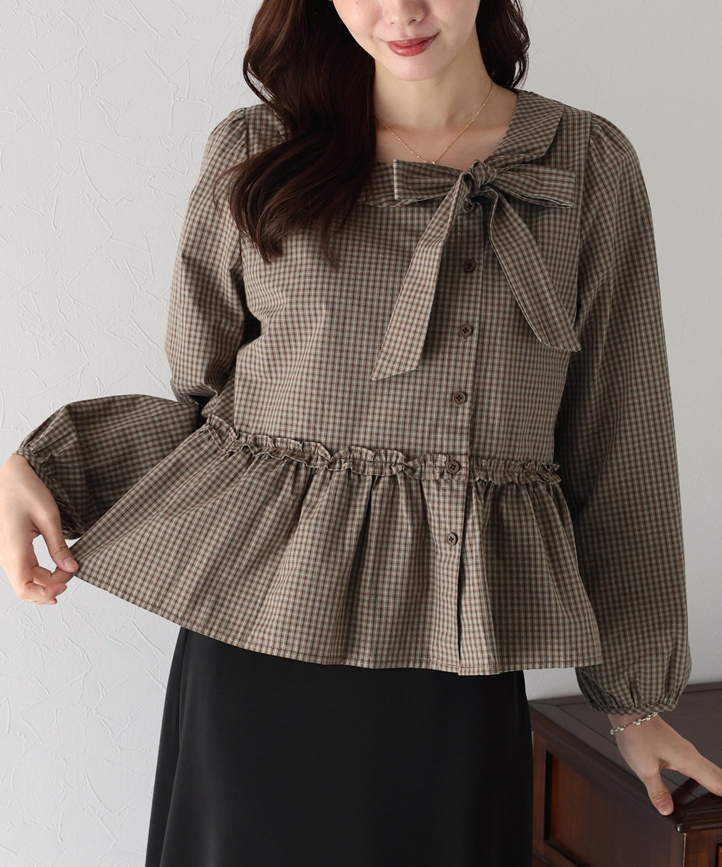 【TIME SALE】チェックリボンペプラムブラウス【ネコポス】