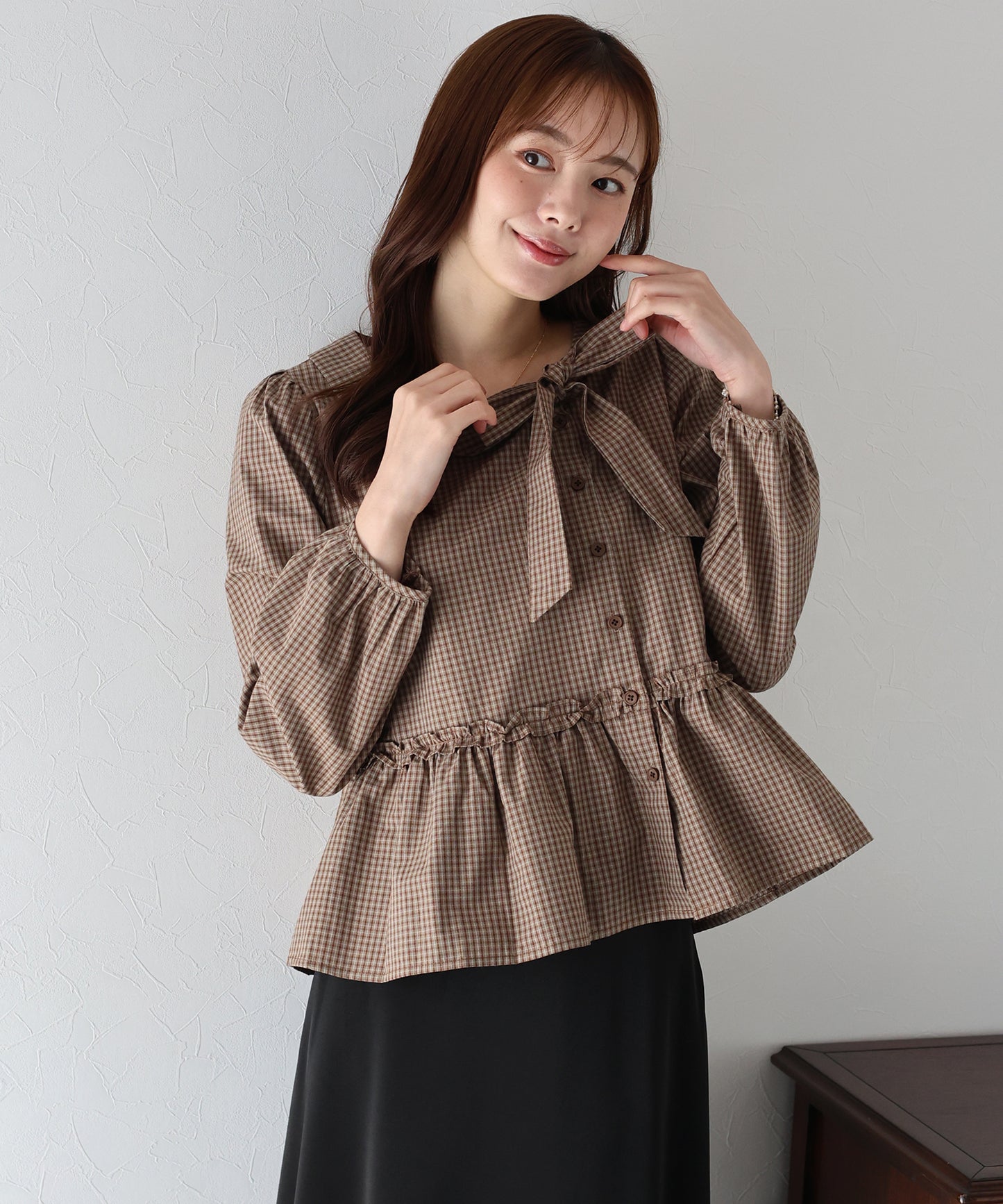 【早割5％OFF】チェックリボンペプラムブラウス【ネコポス】