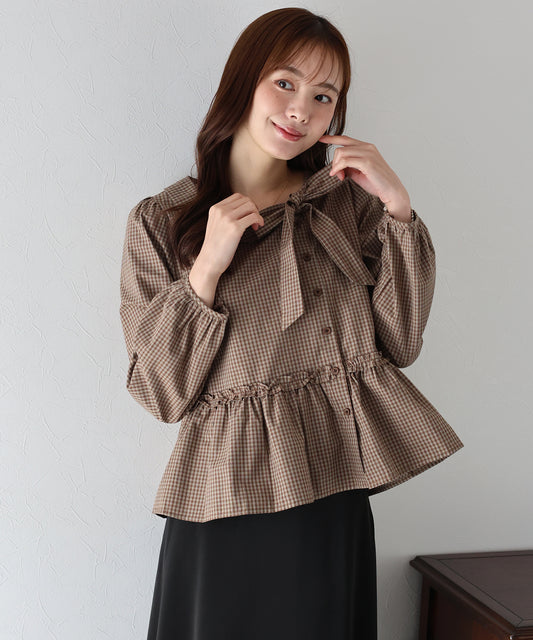 【早割5％OFF】チェックリボンペプラムブラウス【ネコポス】