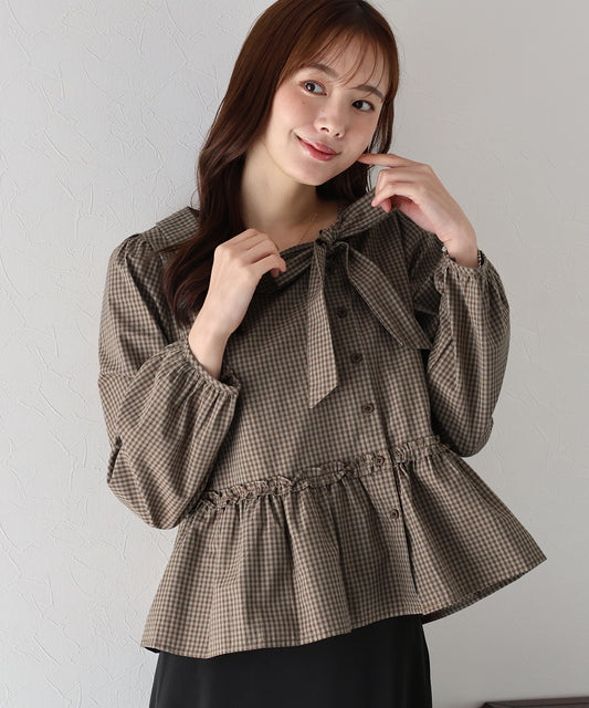 チェックリボンペプラムブラウス【ネコポス】