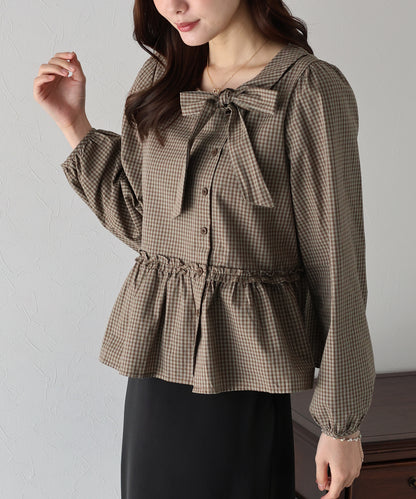 【TIME SALE】チェックリボンペプラムブラウス【ネコポス】