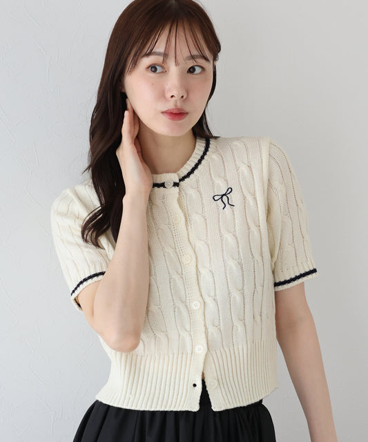 リボン刺繍ケーブルカーディガン