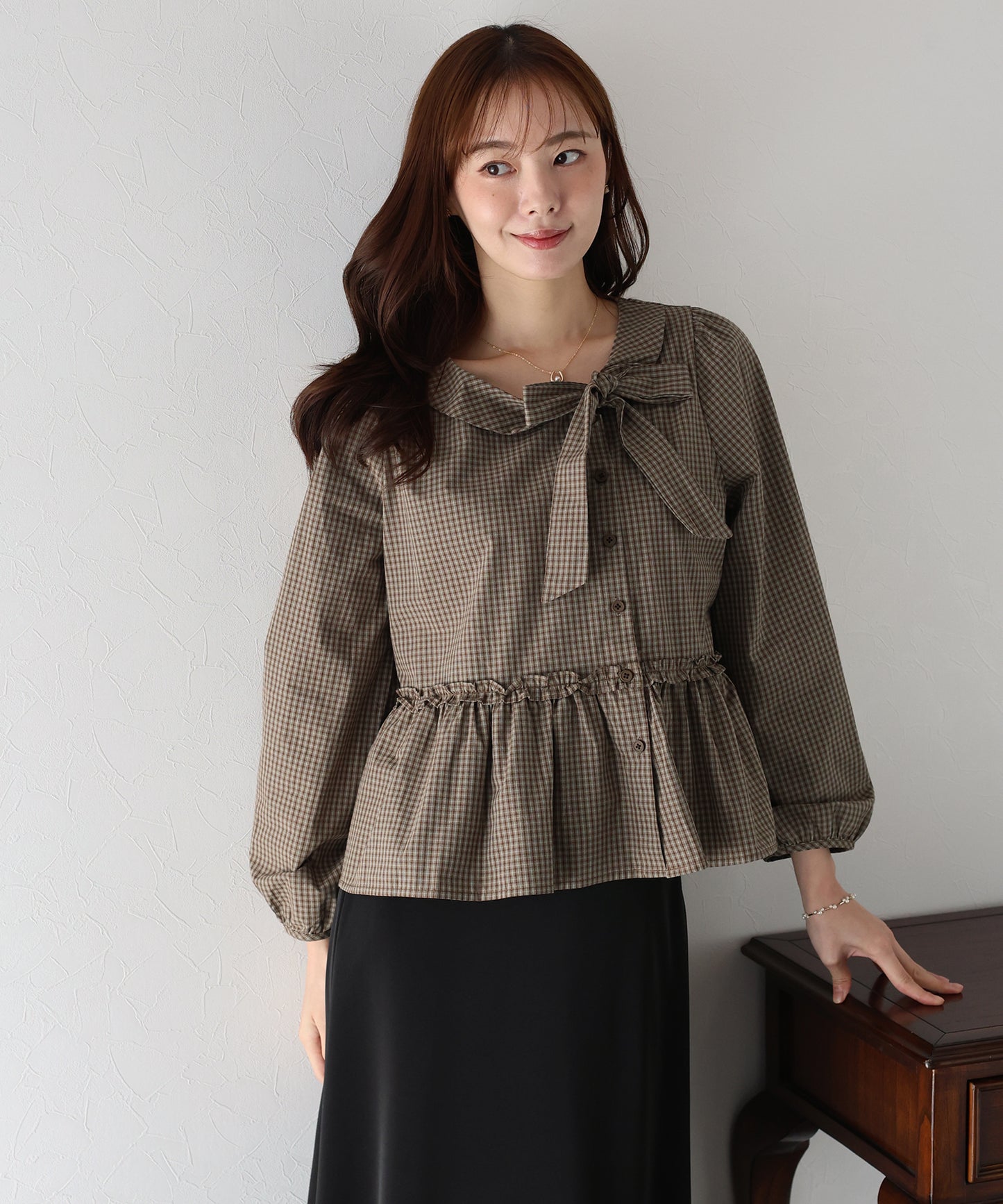【TIME SALE】チェックリボンペプラムブラウス【ネコポス】