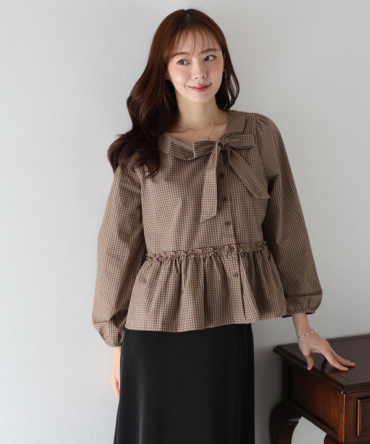 【早割5％OFF】チェックリボンペプラムブラウス【ネコポス】