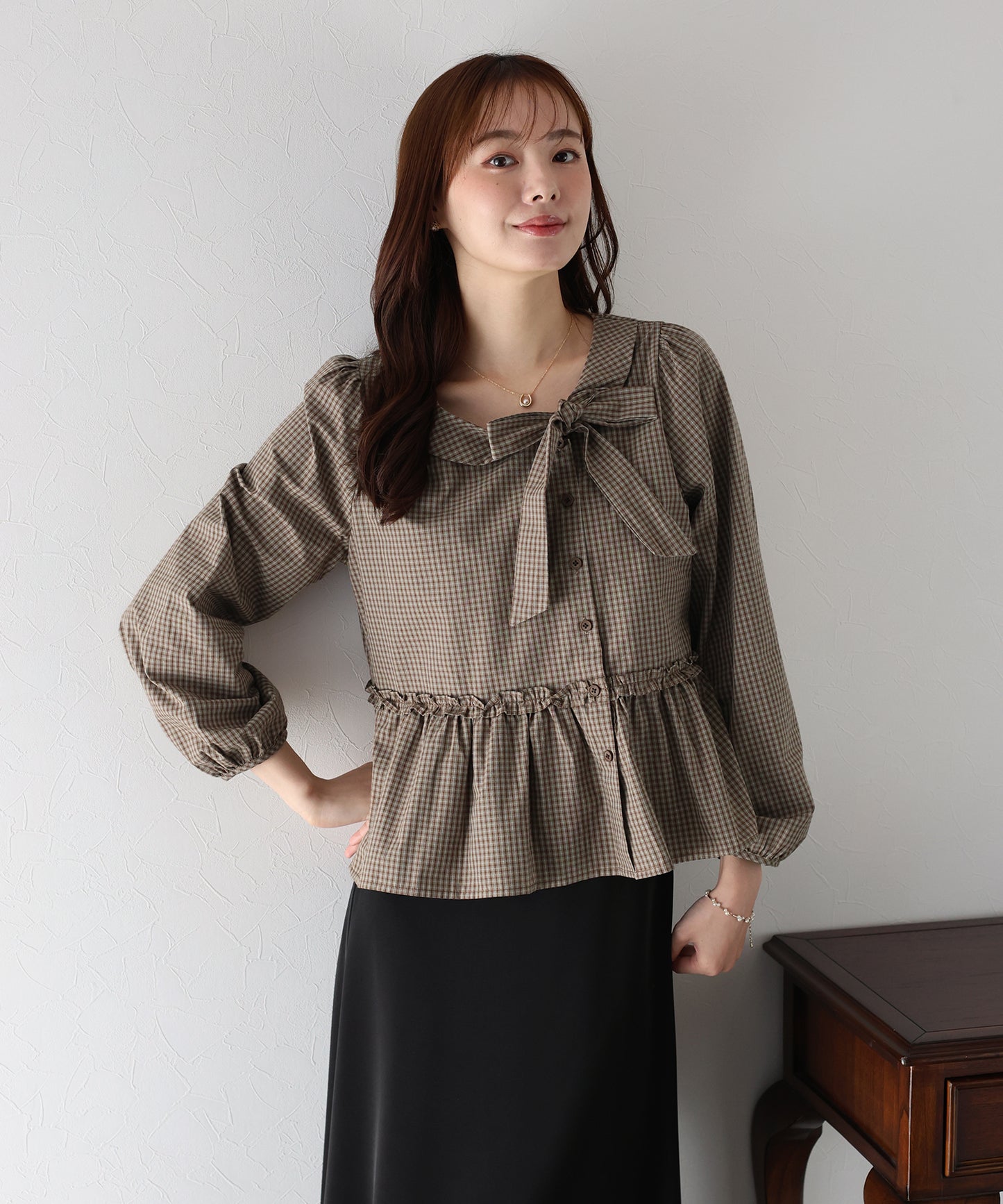 【TIME SALE】チェックリボンペプラムブラウス【ネコポス】