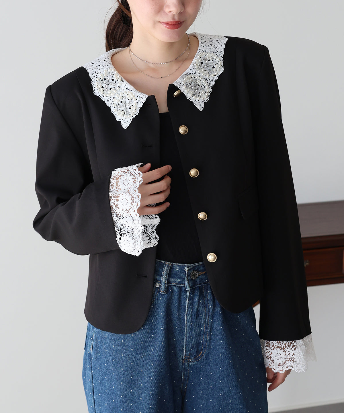 【早割5％OFF】《2サイズ展開/ 2WAY》ビジューレース付ノーカラージャケット