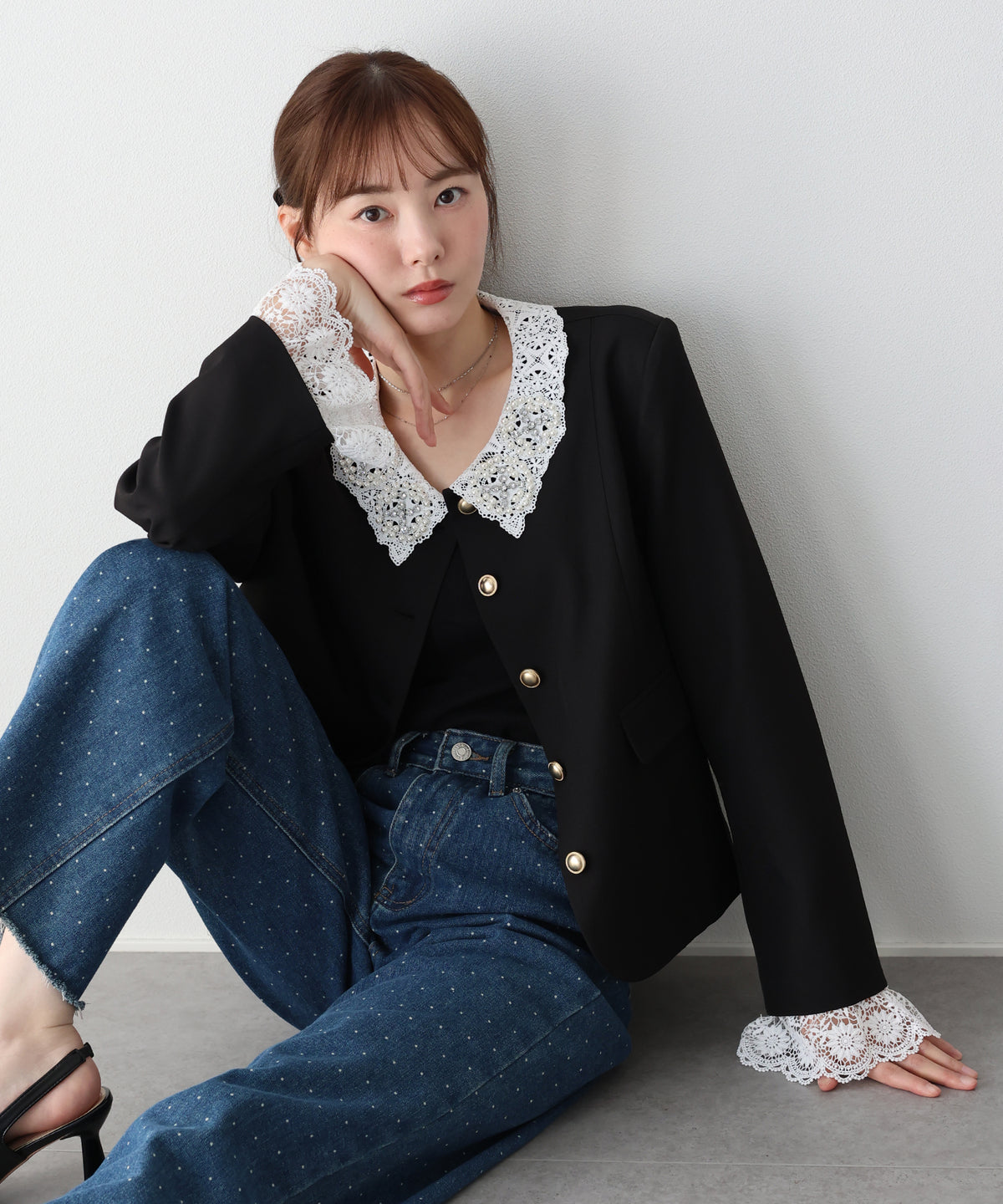 【早割5％OFF】《2サイズ展開/ 2WAY》ビジューレース付ノーカラージャケット