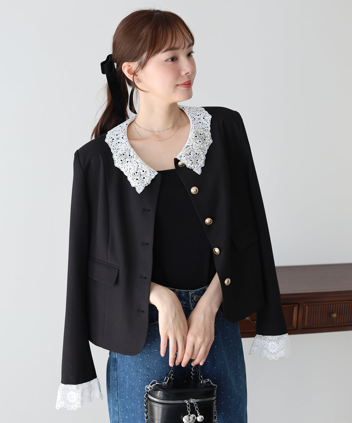 【早割5％OFF】《2サイズ展開/ 2WAY》ビジューレース付ノーカラージャケット