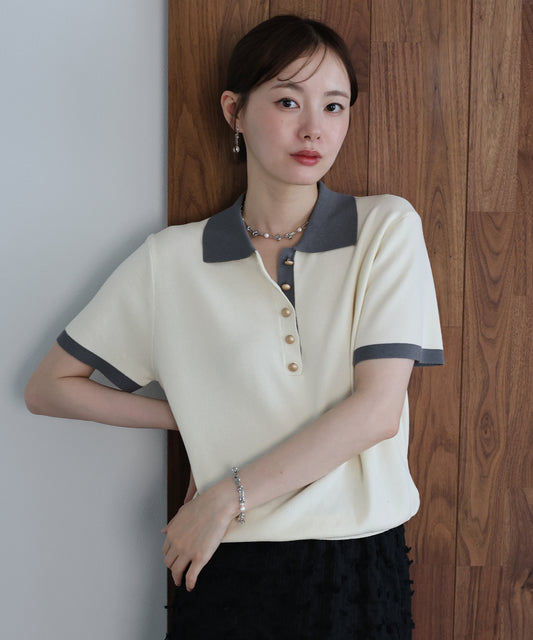 【早割5％OFF】ゴールドボタン配色ポロネックニット【メール便】
