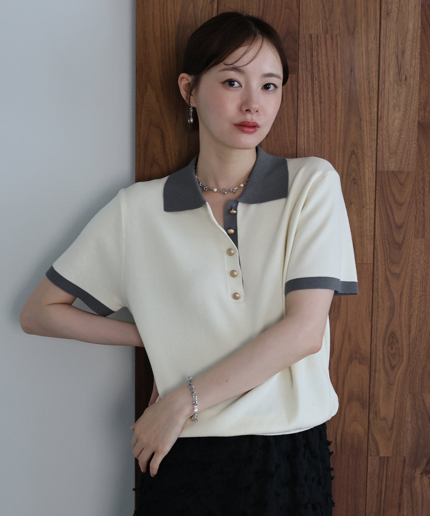 【早割5％OFF】ゴールドボタン配色ポロネックニット【メール便】