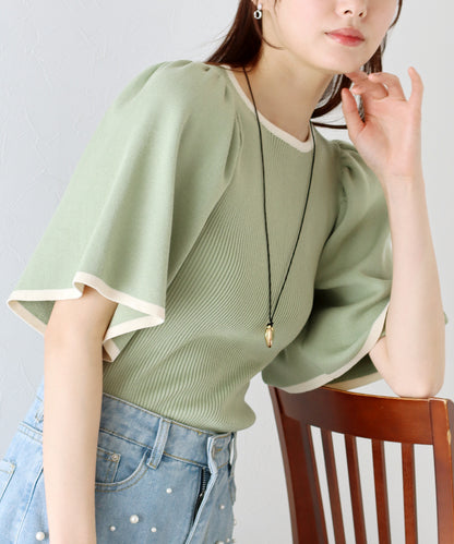 【SALE】配色フレア袖リブニット