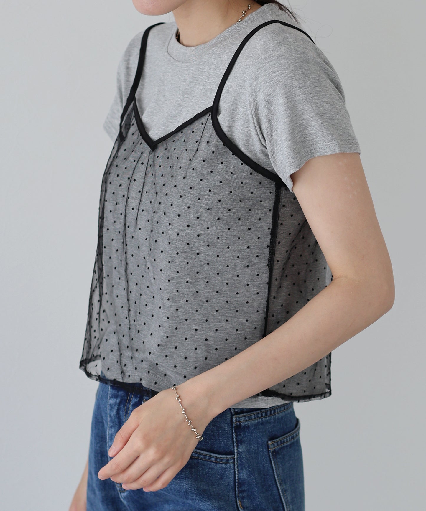 【SALE】フロッキードットチュールキャミ+Tシャツ セット