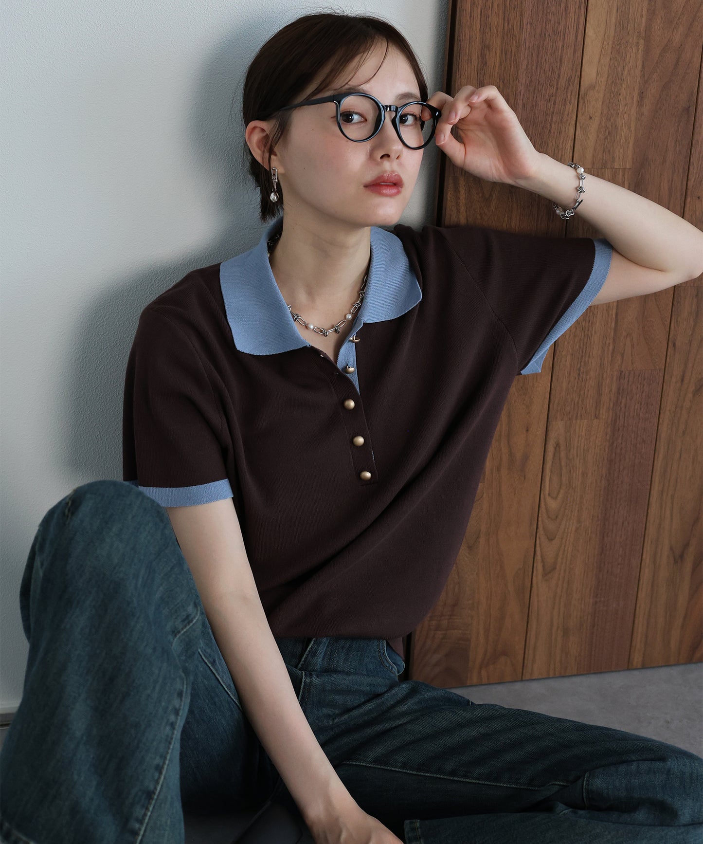 【早割5％OFF】ゴールドボタン配色ポロネックニット【メール便】