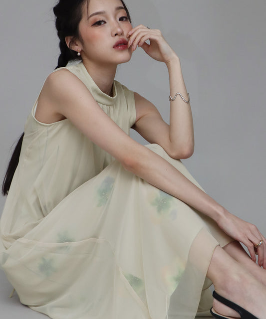 日本製  アートフラワープリントノースリーブドレス