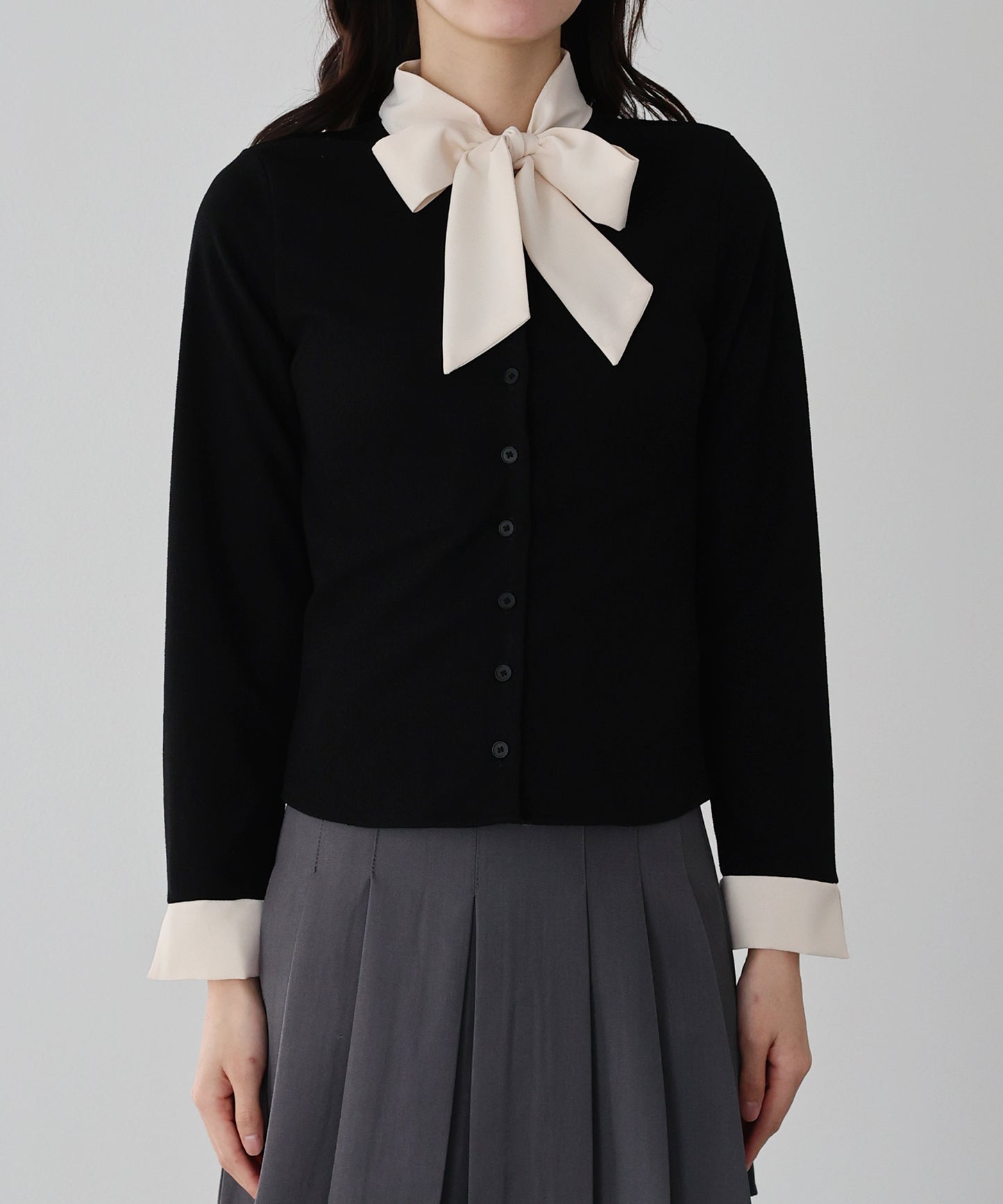 【早割5％OFF】ボウタイシャツドッキングカーディガン