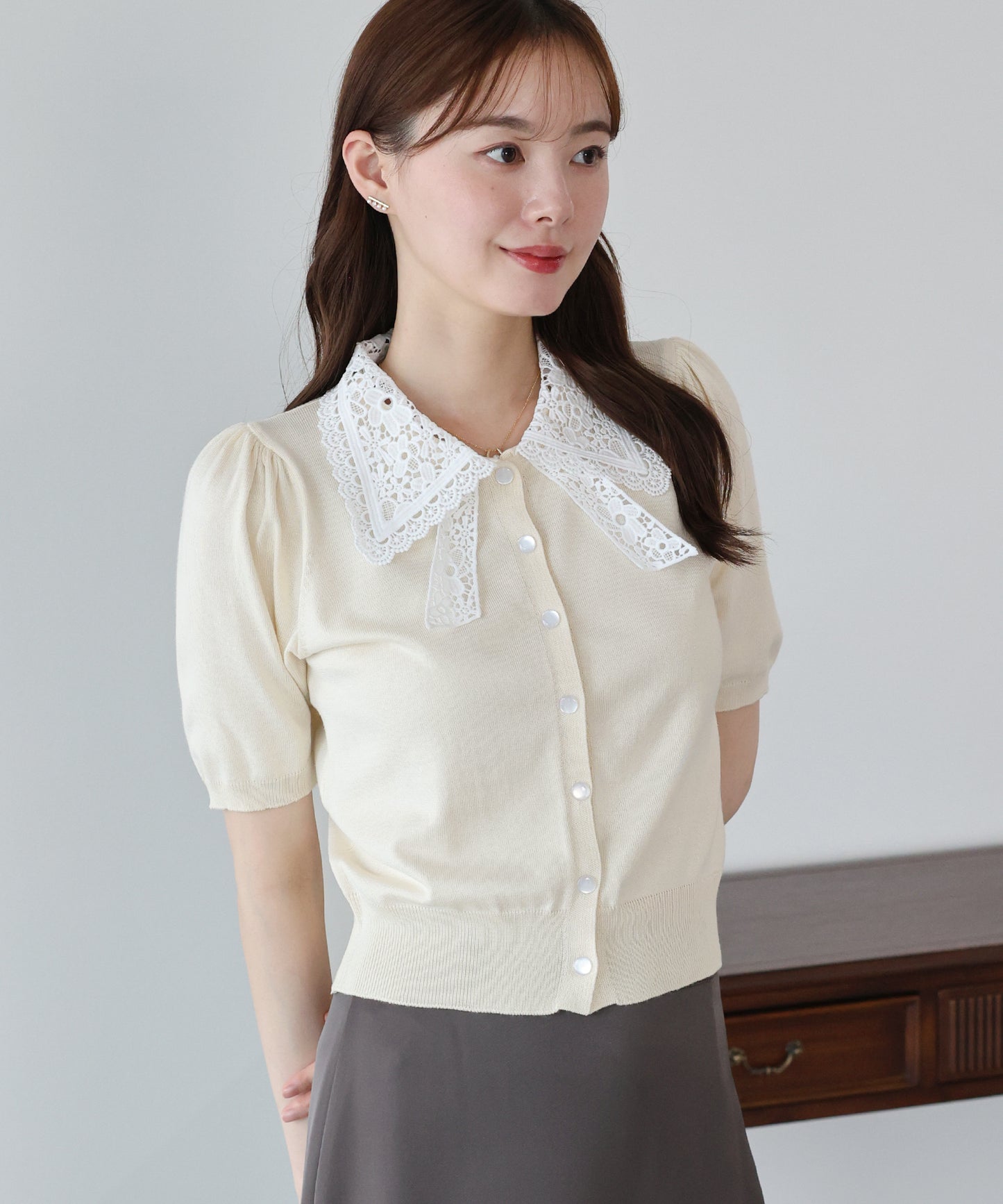 【早割5％OFF】レースリボンカラーカーディガン