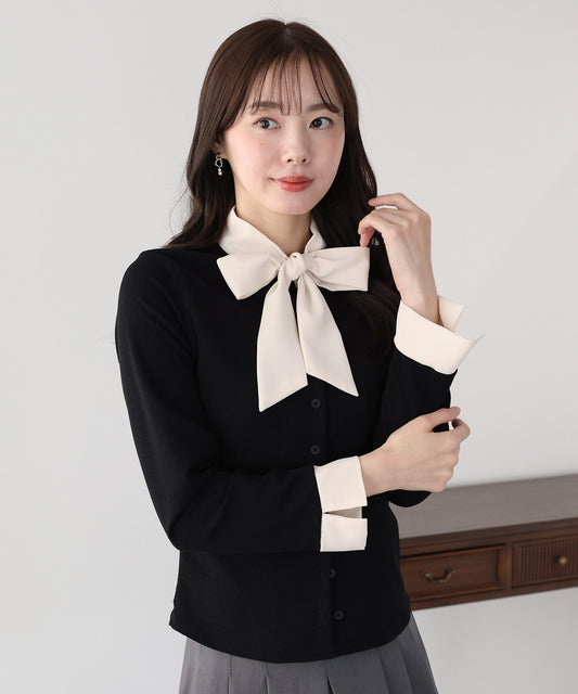 【早割5％OFF】ボウタイシャツドッキングカーディガン