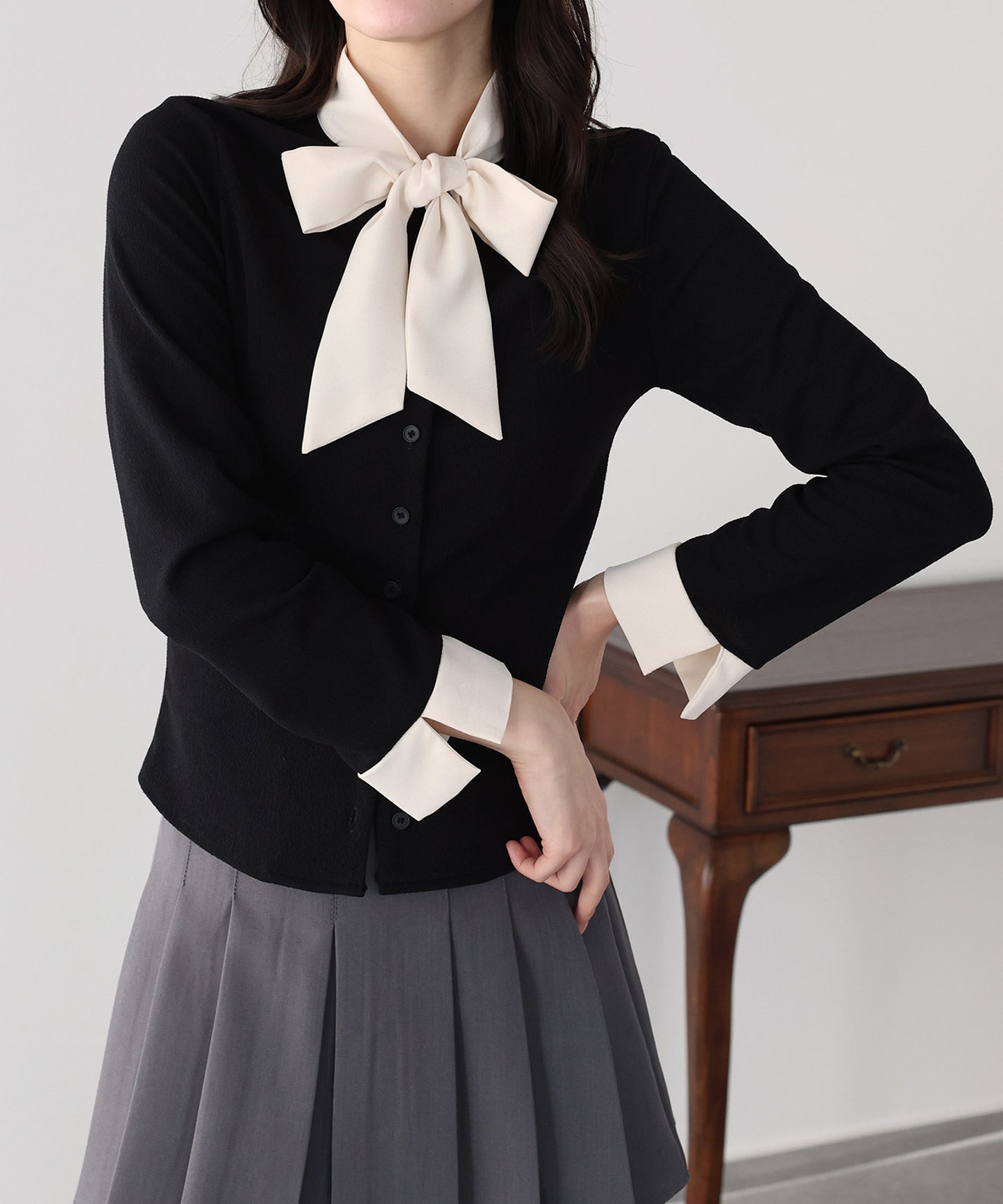 【早割5％OFF】ボウタイシャツドッキングカーディガン