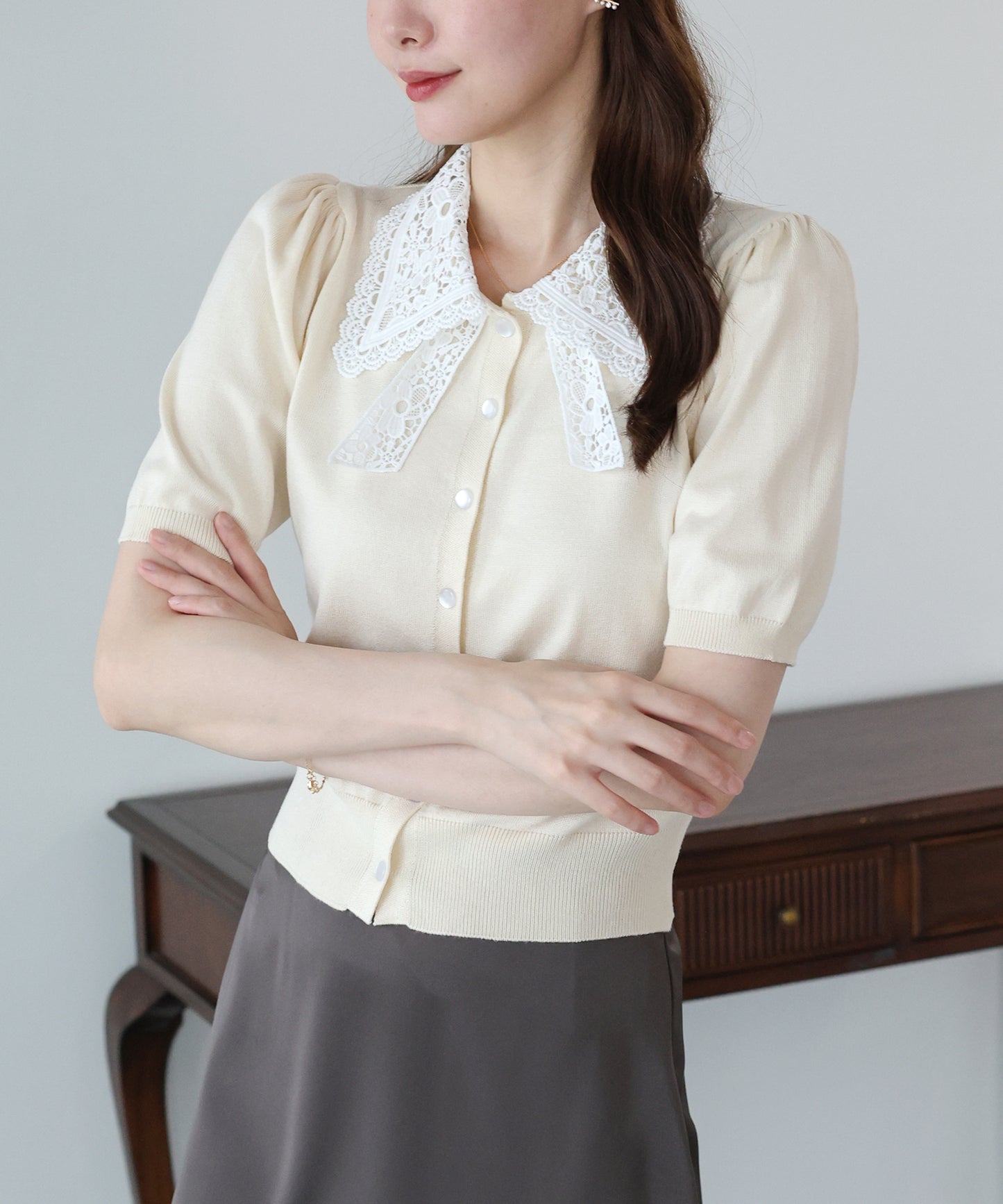 【早割5％OFF】レースリボンカラーカーディガン