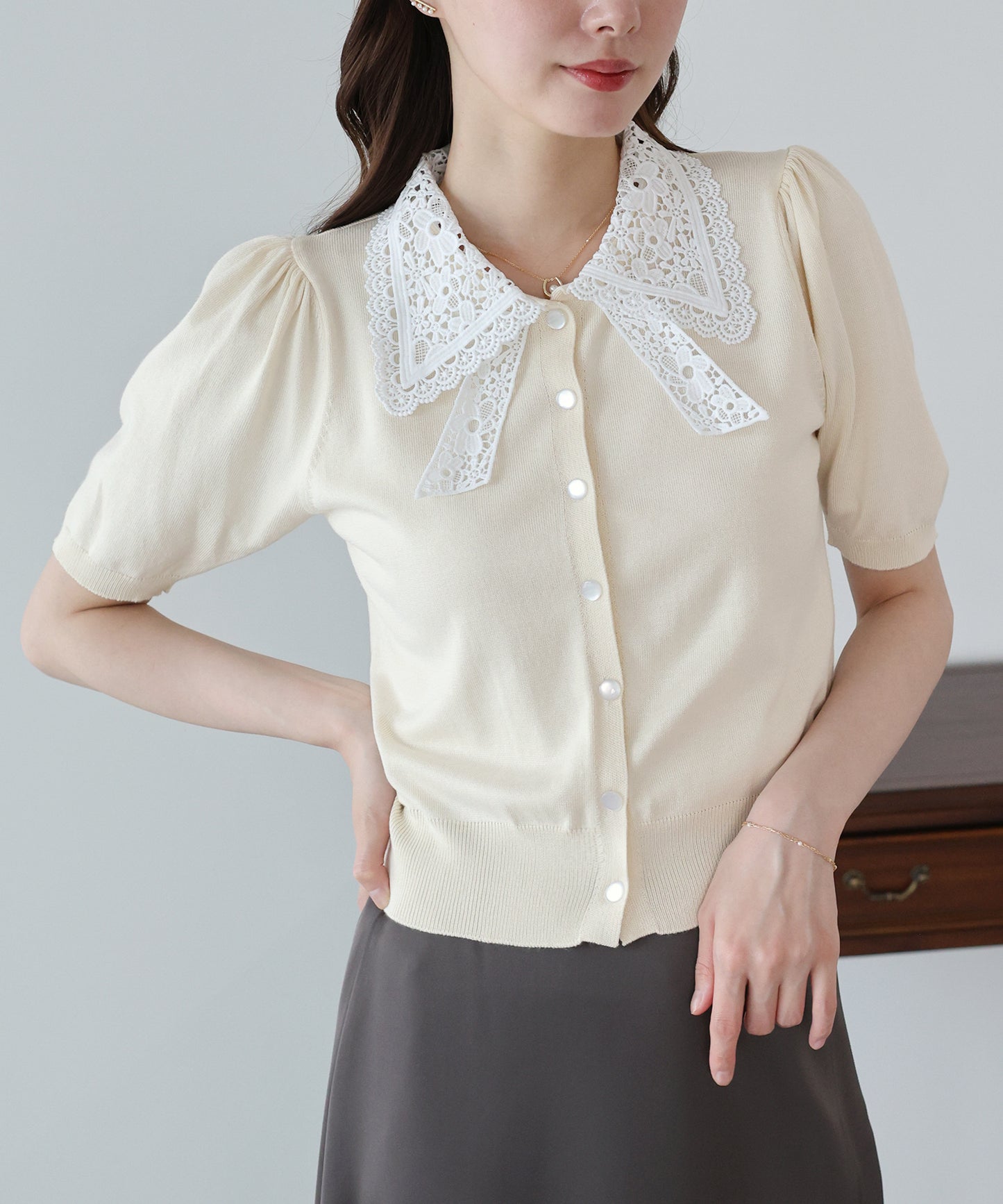 【早割5％OFF】レースリボンカラーカーディガン