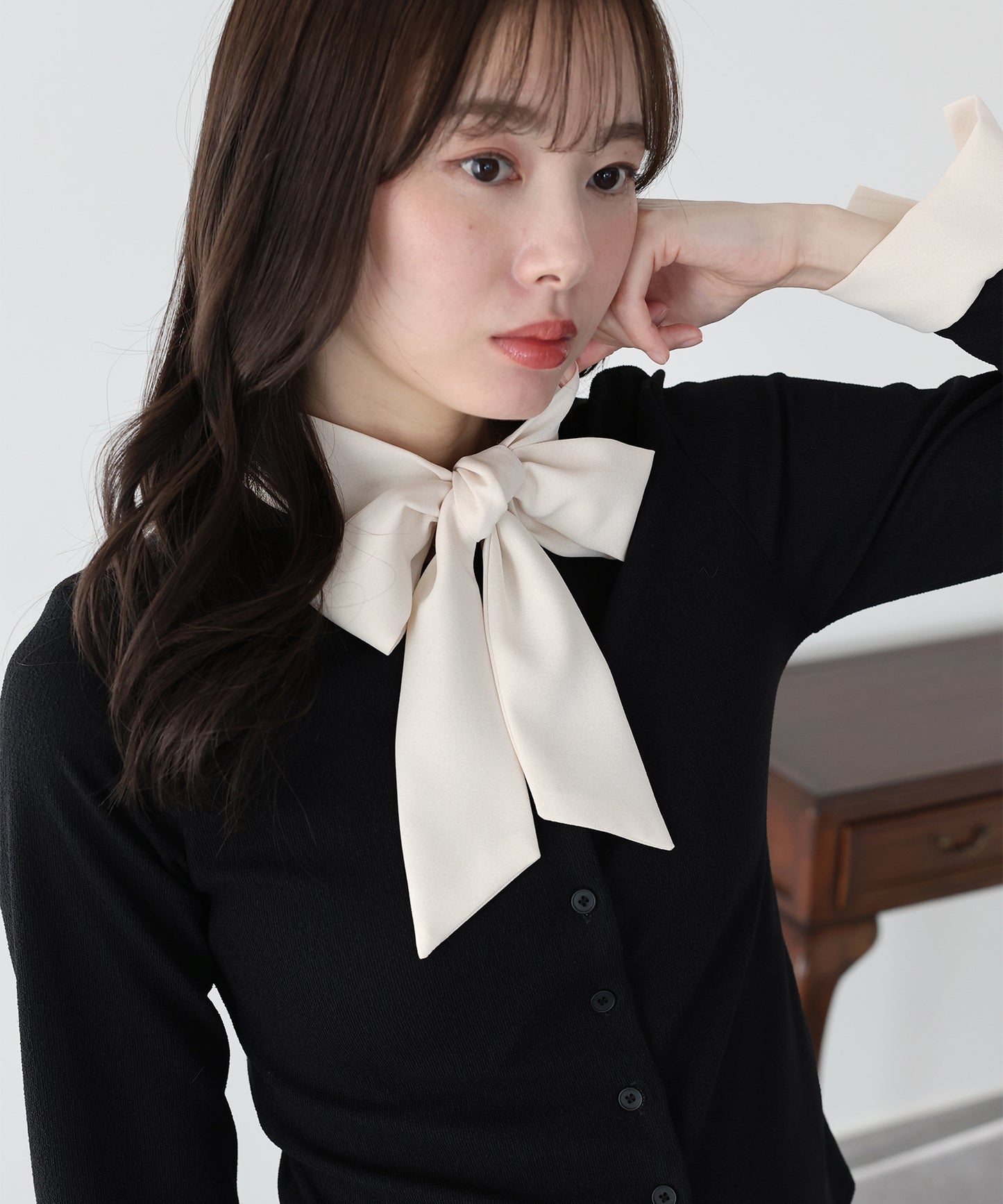 【早割5％OFF】ボウタイシャツドッキングカーディガン