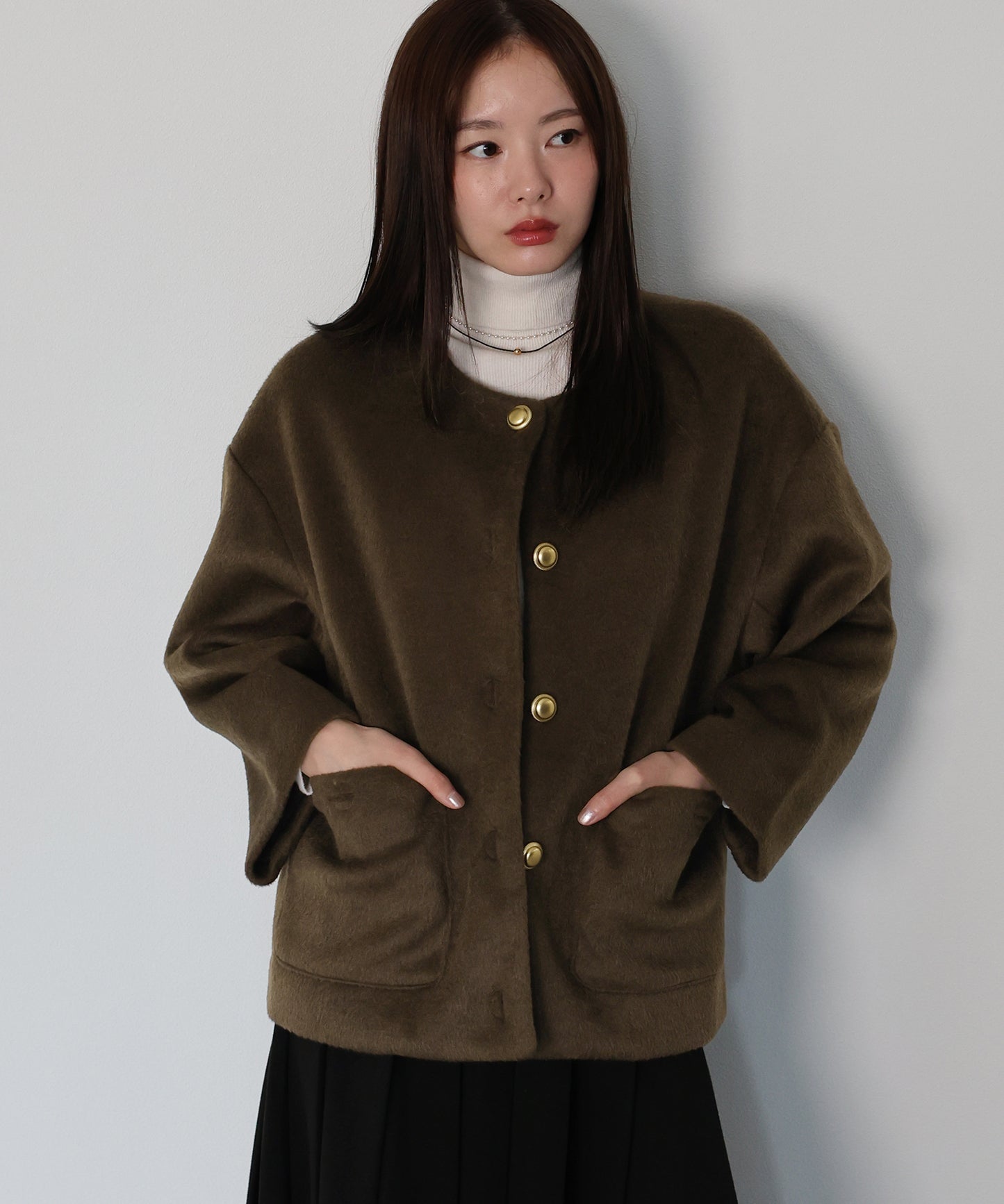 金ボタンウールシャギーコート[J by blue]
