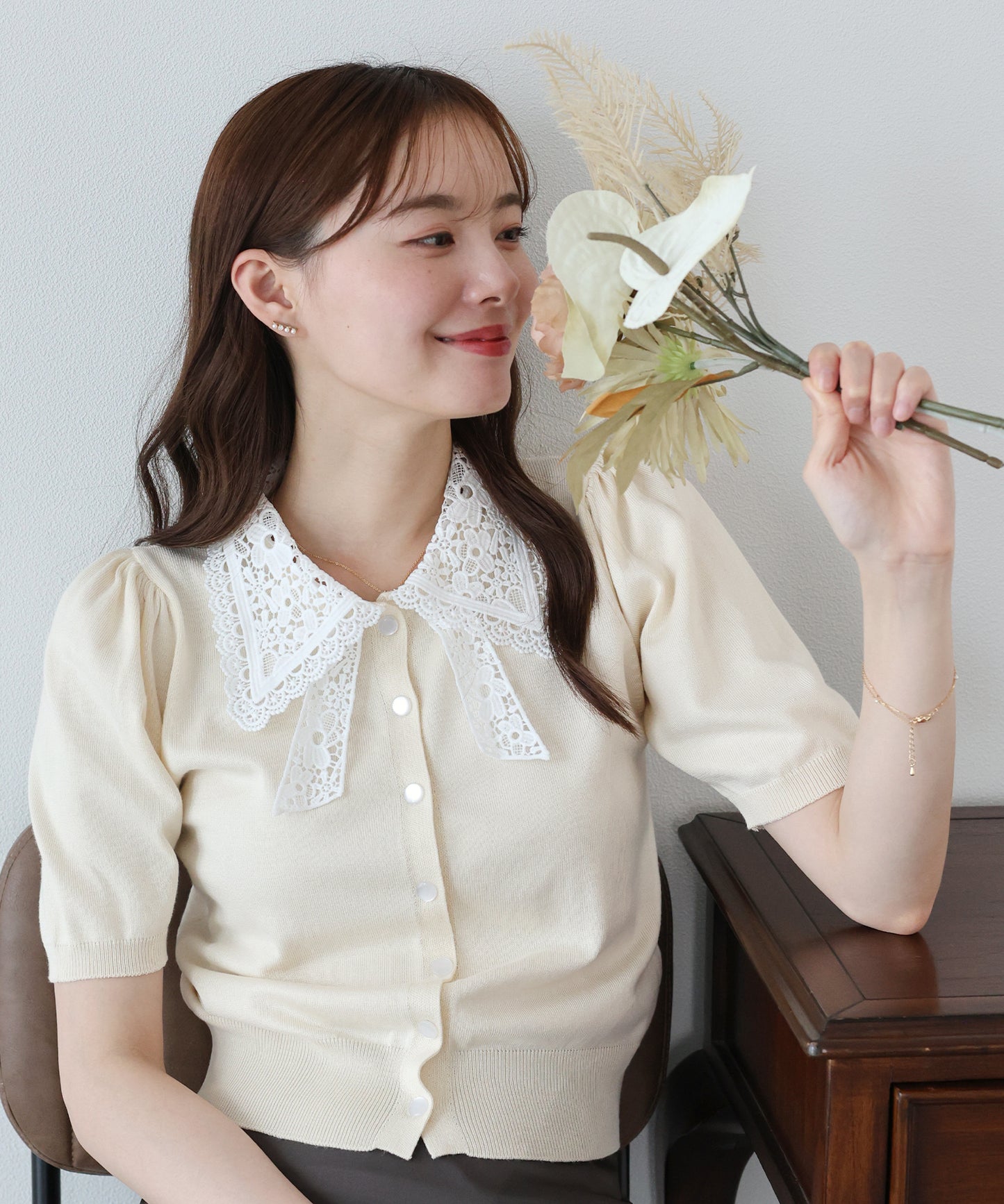 【早割5％OFF】レースリボンカラーカーディガン
