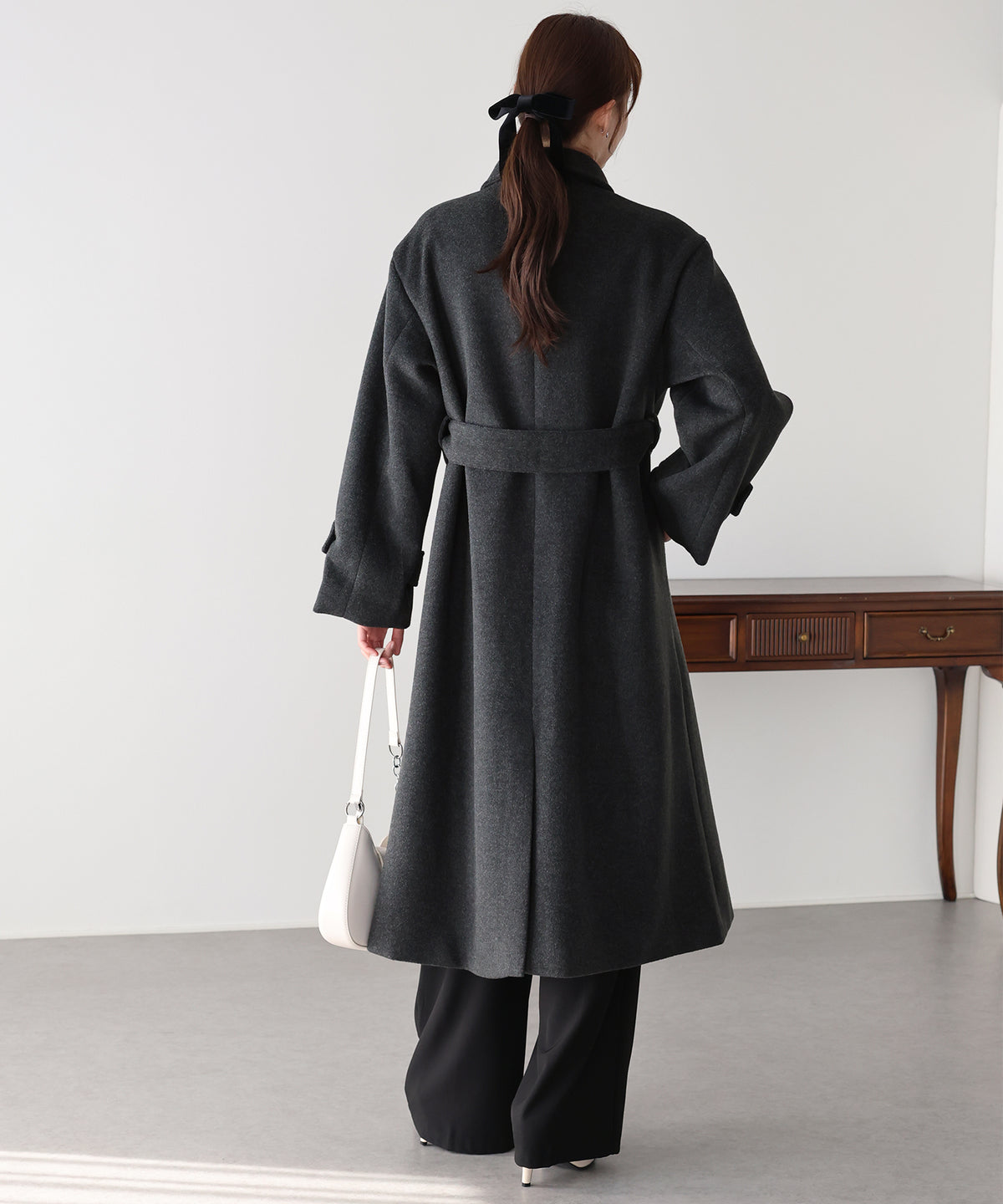 【早割5％OFF】ウール混ウエストベルトロングコート