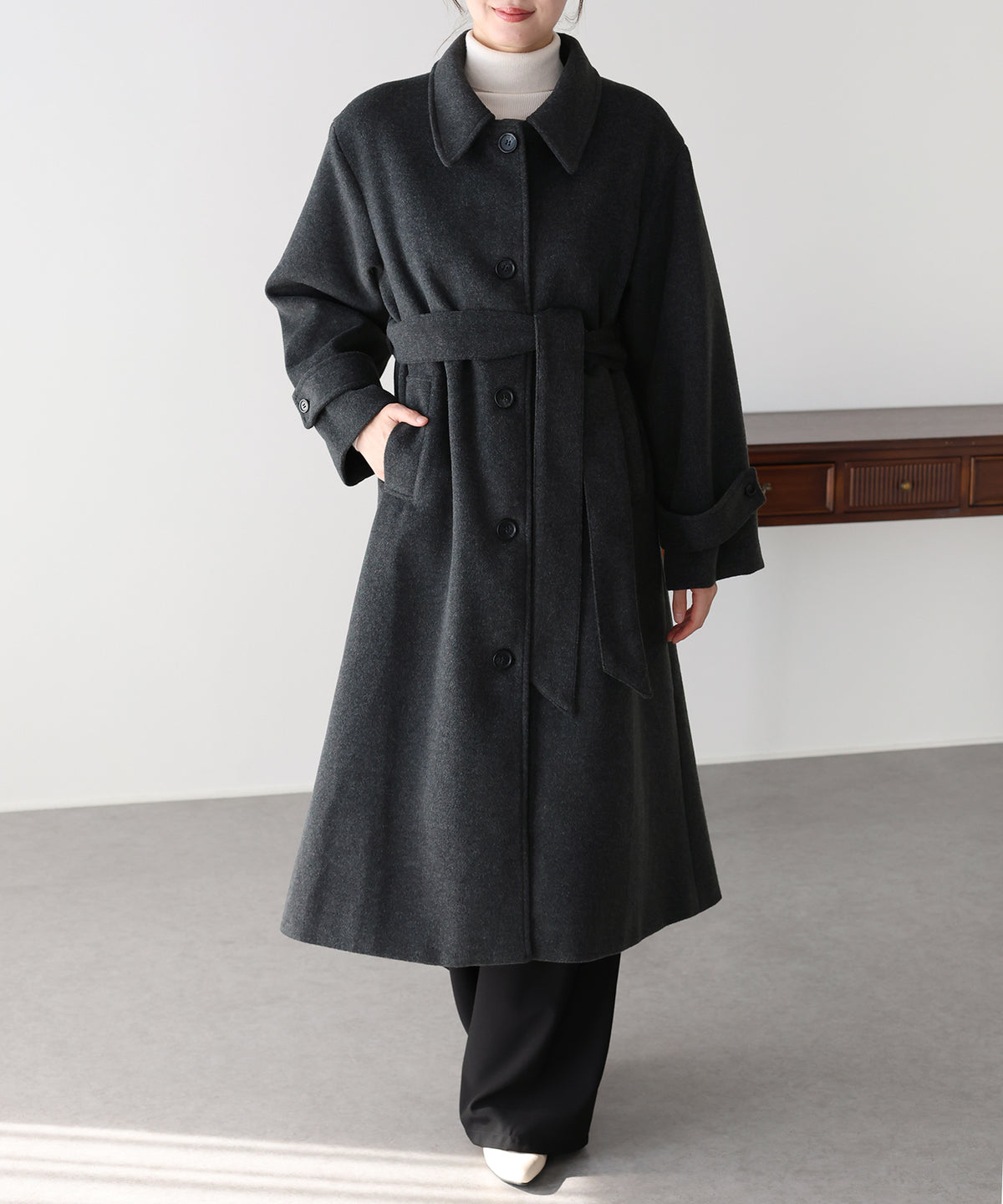 【早割5％OFF】ウール混ウエストベルトロングコート