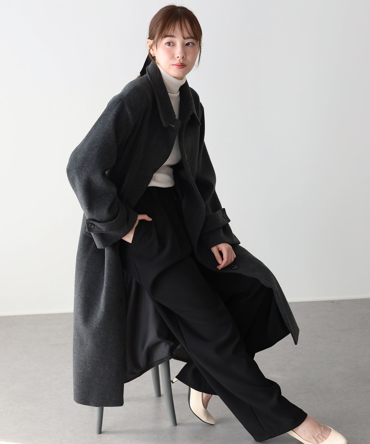 【早割5％OFF】ウール混ウエストベルトロングコート