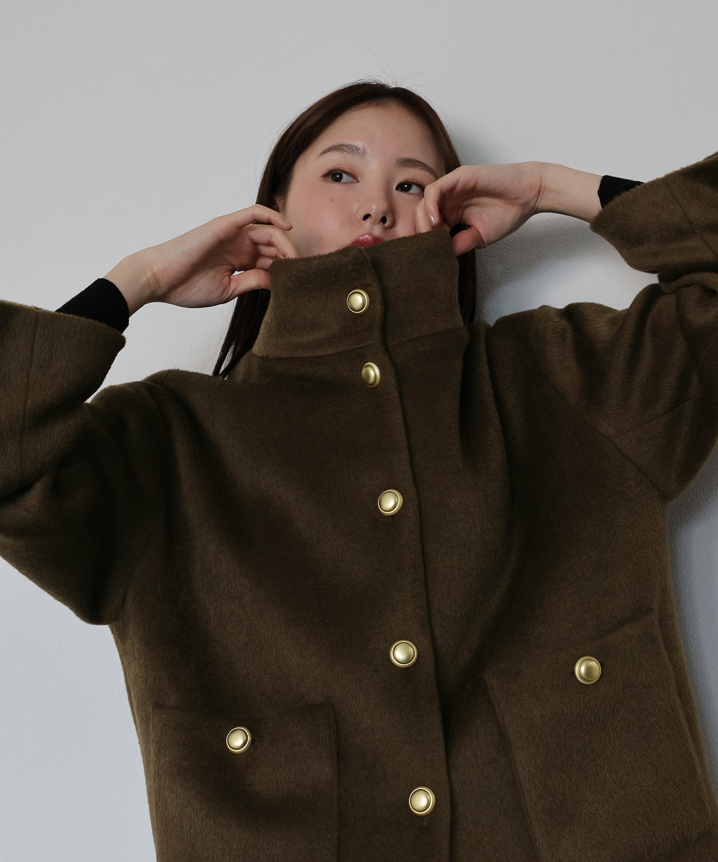 ゴールドボタンスタンドウールシャギーコート