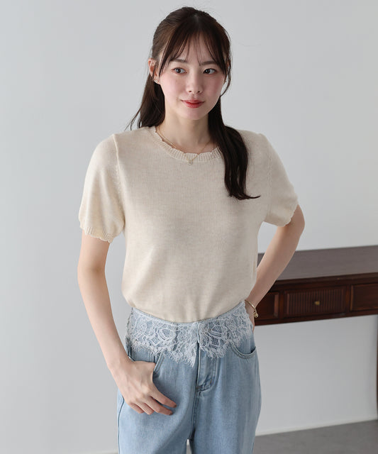 【早割5％OFF】スカラップパフスリーブニット